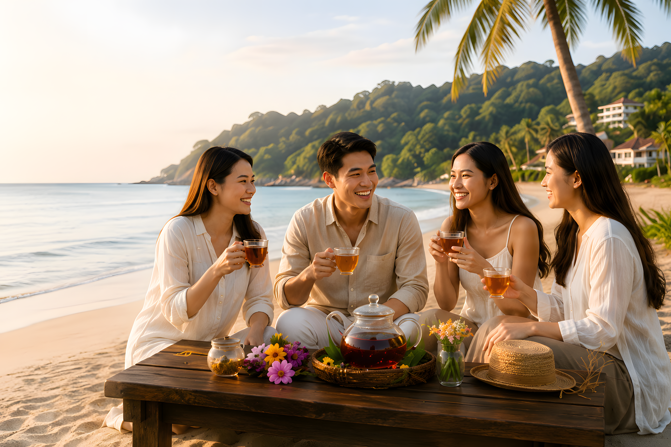 Friends relaxing on a Thai beach, sharing authentic Thai herbal teas