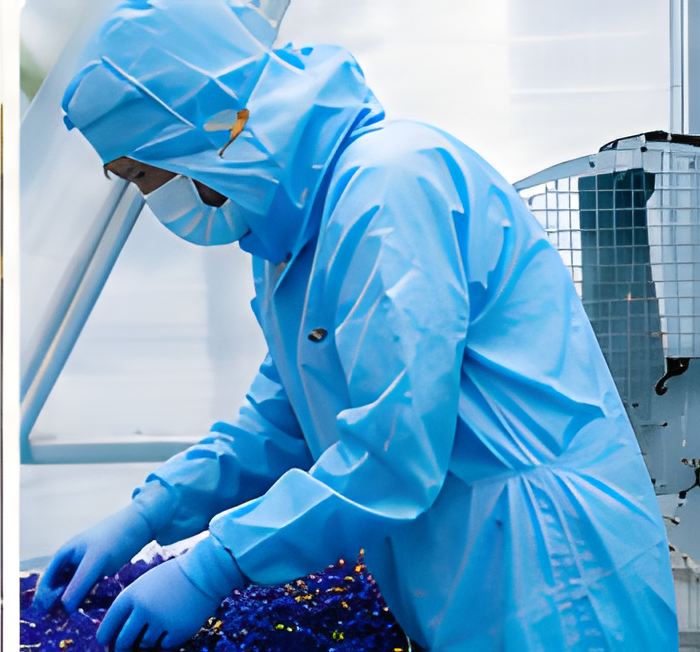 Worker in protective suit processing butterfly pea flowers in a hygienic facility