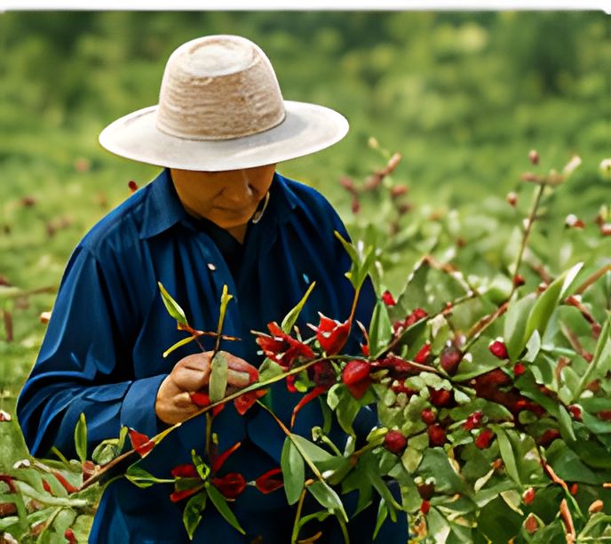 Thai farmer hand-picking rosella calyces from the plant